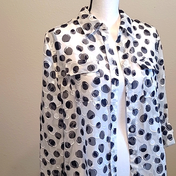 TanJay Tops - Sheer Long  Sleeve Blouse Navy White 12P